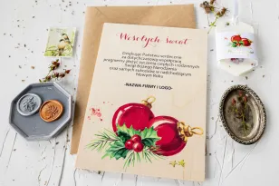 Kartka Świąteczna z Grafiką Bombek | Kartki Bożonarodzeniowe dla Firm | Drewniane nr DR12