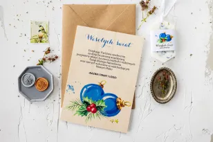 Drewniana Kartka z Niebieskimi Bombkami | Biznesowe Kartki Świąteczne Bożonarodzeniowe z Logo | DR13 Drewniana Kartka z Niebieskimi Bombkami | Biznesowe Kartki Świąteczne Bożonarodzeniowe z Logo | DR13