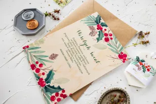 Drewniana Kartka z Gałązkami i Czerwoną Jarzębiną | Kartki Świąteczne Bożonarodzeniowe dla Firm z Logo | DR14 Drewniana Kartka z Gałązkami i Czerwoną Jarzębiną | Kartki Świąteczne Bożonarodzeniowe dla Firm z Logo | DR14