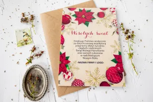 Czerwona Drewniana Kartka z Bombkami i Kwiatami | Kartki Bożonarodzeniowe dla Firm z Logo | DR17 Czerwona Drewniana Kartka z Bombkami i Kwiatami | Kartki Bożonarodzeniowe dla Firm z Logo | DR17