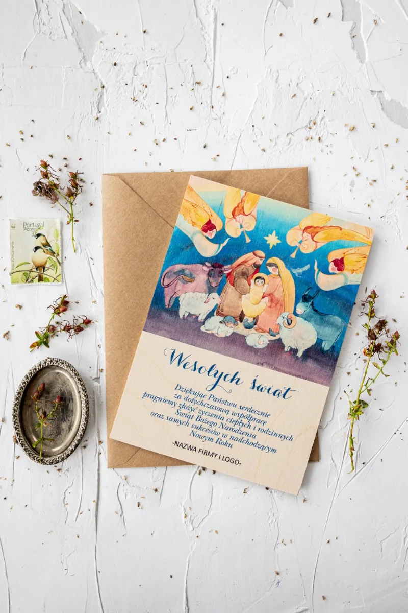 Drewniane Kartki ze Świętą Rodziną | Kartki Bożonarodzeniowe dla Firm z Logo | DR18 Drewniane Kartki ze Świętą Rodziną | Kartki Bożonarodzeniowe dla Firm z Logo | DR18