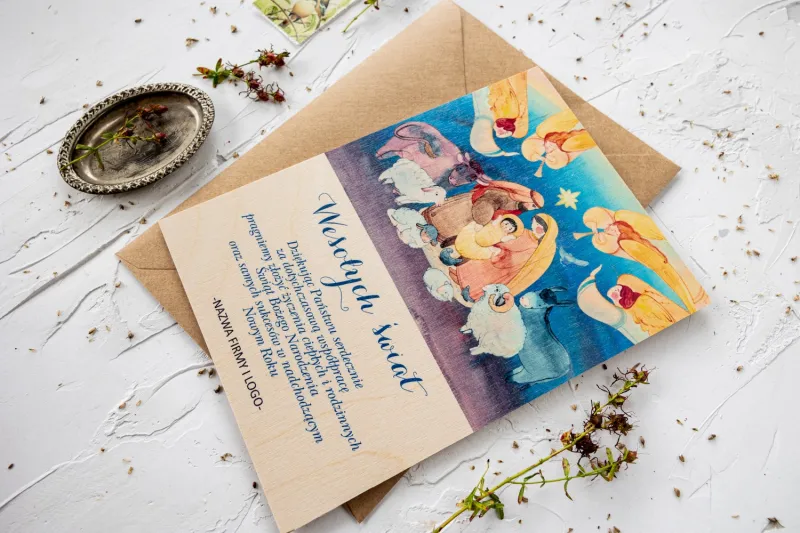 Drewniane Kartki ze Świętą Rodziną | Kartki Bożonarodzeniowe dla Firm z Logo | DR18 Drewniane Kartki ze Świętą Rodziną | Kartki Bożonarodzeniowe dla Firm z Logo | DR18