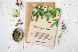 Kartka Drewniana z Grafiką Zielonych Gałązek | Kartki Bożonarodzeniowe z Logo dla Firm | DR19