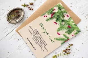 Kartka Drewniana z Grafiką Zielonych Gałązek | Kartki Bożonarodzeniowe z Logo dla Firm | DR19