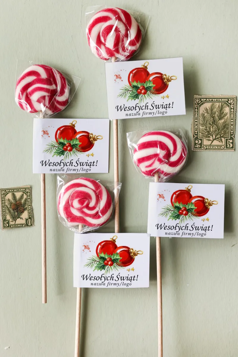 Lizaki świąteczne wykonane wyłącznie z naturalnych składników z logo Państwa firmy, dowolnym tekstem i grafiką - LZ1 Lizaki świąteczne wykonane wyłącznie z naturalnych składników z logo Państwa firmy, dowolnym tekstem i grafiką - LZ1