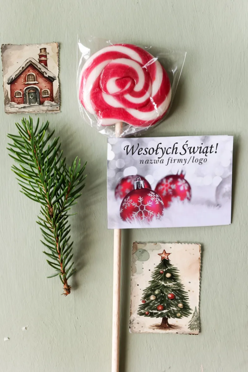 Lizaki świąteczne wykonane wyłącznie z naturalnych składników z logo Państwa firmy, dowolnym tekstem i grafiką - LZ14 Lizaki świąteczne wykonane wyłącznie z naturalnych składników z logo Państwa firmy, dowolnym tekstem i grafiką - LZ14