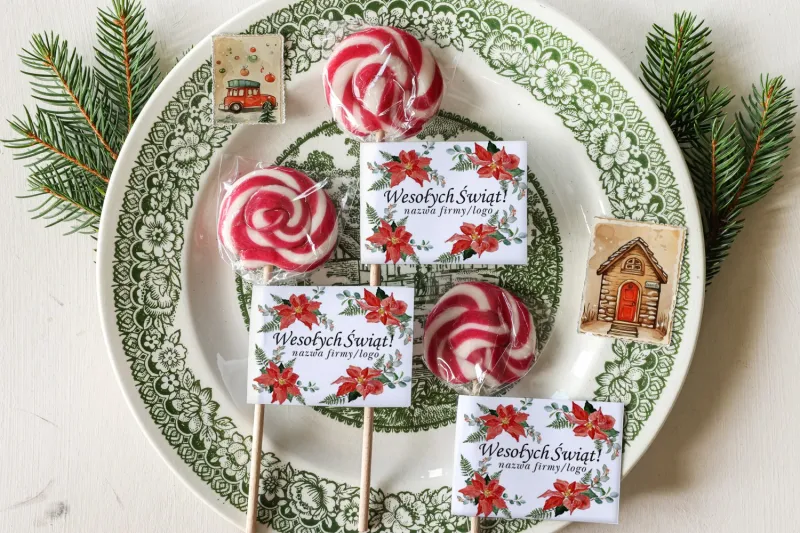 Lizaki świąteczne wykonane wyłącznie z naturalnych składników z logo Państwa firmy, dowolnym tekstem i grafiką - LZ15 Lizaki świąteczne wykonane wyłącznie z naturalnych składników z logo Państwa firmy, dowolnym tekstem i grafiką - LZ15