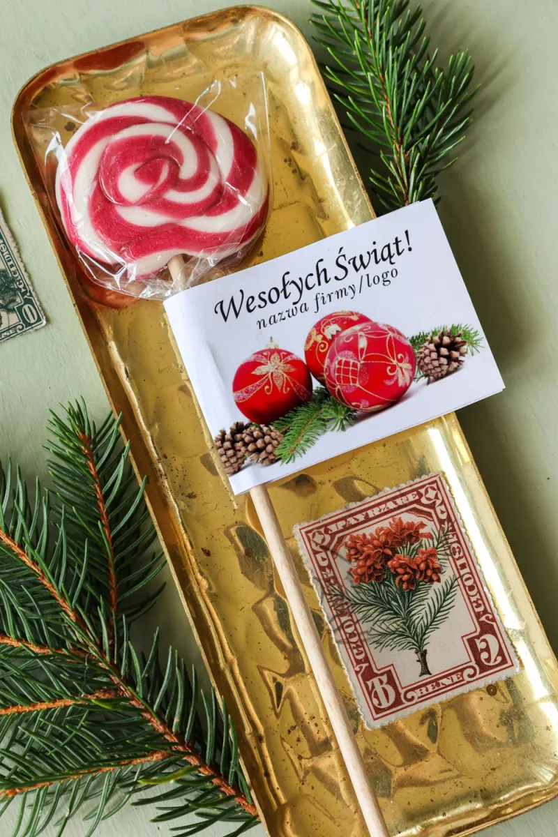 Personalizowane upominki firmowe - czerwone lizaki z etykietą czerwonych bombek - Kolekcja LZ19 Personalizowane upominki firmowe - czerwone lizaki z etykietą czerwonych bombek - Kolekcja LZ19