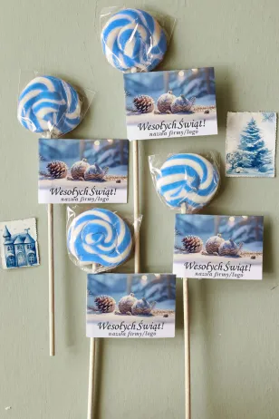 Personalizowane upominki firmowe - lizaki z grafiką bombek i szyszki - Kolekcja LZ24