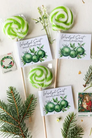 Personalizowane upominki firmowe - lizaki z grafiką zielonych bombek - Kolekcja LZ26