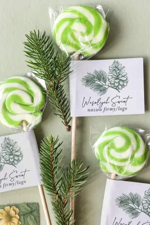 Personalizowane upominki firmowe - lizaki z grafiką gałązki i szyszki - Kolekcja LZ27