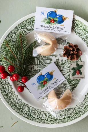 Personalizowane upominki firmowe - ciasteczko z wróżbą z grafiką niebieskich bombek - Kolekcja CZW2