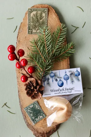 Personalizowane upominki firmowe - ciasteczko z wróżbą z grafiką niebieskich bombek - Kolekcja CZW6