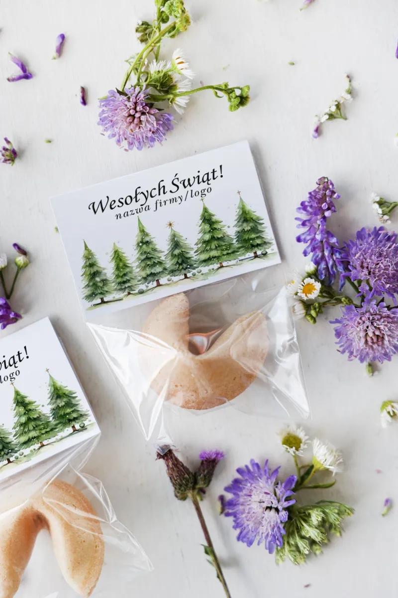 Personalizowane upominki firmowe - ciasteczko z wróżbą z grafiką świątecznych choinek - Kolekcja CZW8