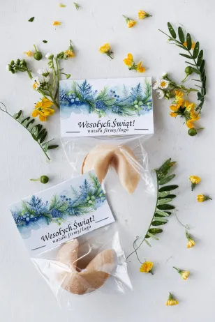 Personalizowane upominki firmowe - ciasteczko z wróżbą z grafiką świątecznych gałązek - Kolekcja CZW11