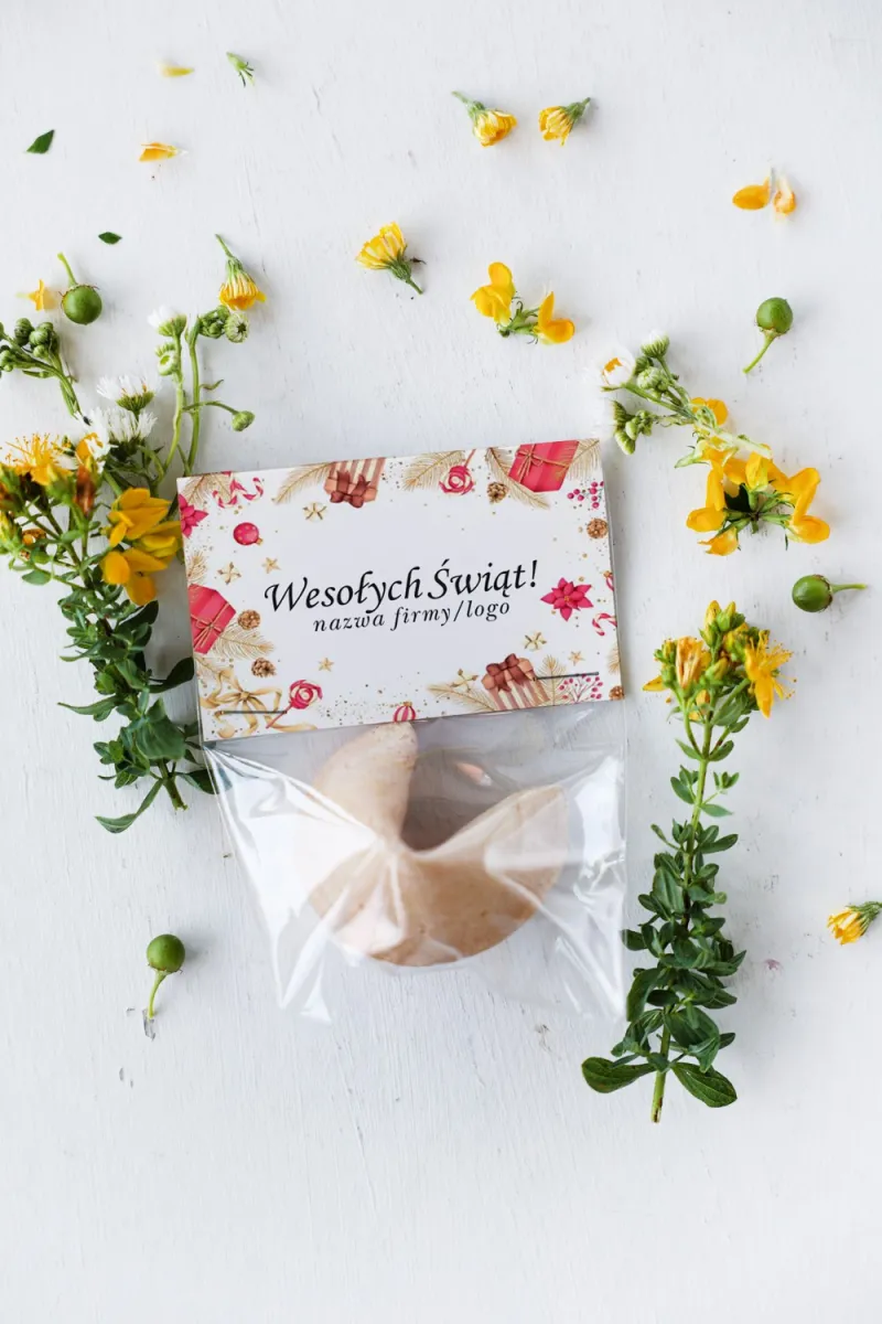 Personalizowane upominki firmowe - ciasteczko z wróżbą z grafiką świątecznych prezentów - Kolekcja CZW12 Personalizowane upominki firmowe - ciasteczko z wróżbą z grafiką świątecznych prezentów - Kolekcja CZW12