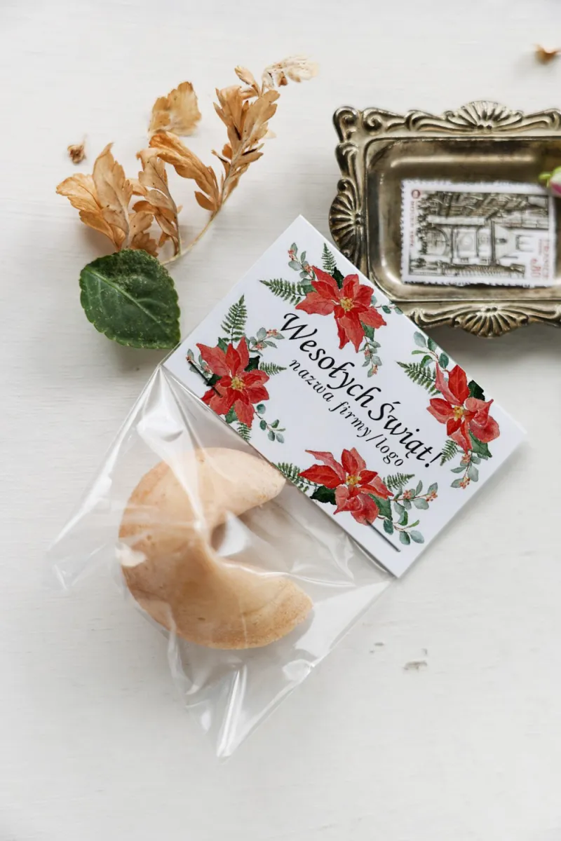 Personalizowane upominki firmowe - ciasteczko z wróżbą z grafiką czerwonych kwiatów - Kolekcja CZW15