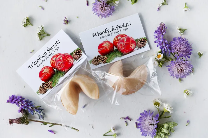 Personalizowane upominki firmowe - ciasteczko z wróżbą z grafiką czerwonych bombek - Kolekcja CZW19 Personalizowane upominki firmowe - ciasteczko z wróżbą z grafiką czerwonych bombek - Kolekcja CZW19