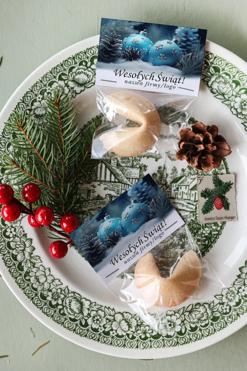 Personalizowane upominki firmowe - ciasteczko z wróżbą ze zdjęciem świątecznych niebieskich bombek - Kolekcja CZW23 Personalizowane upominki firmowe - ciasteczko z wróżbą ze zdjęciem świątecznych niebieskich bombek - Kolekcja CZW23