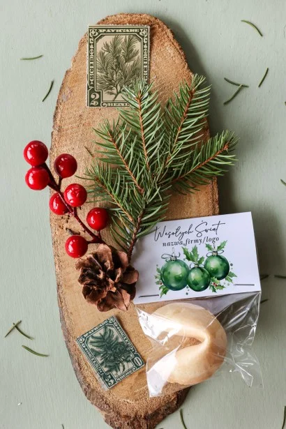 Personalizowane upominki firmowe - ciasteczko z wróżbą z grafiką świątecznych zielonych bombek - Kolekcja CZW26