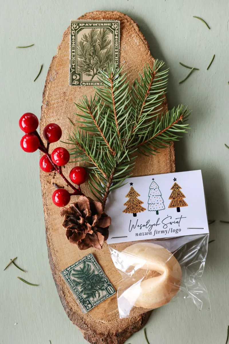 Personalizowane upominki firmowe - ciasteczko z wróżbą z grafiką trzech choinek - Kolekcja CZW28 Personalizowane upominki firmowe - ciasteczko z wróżbą z grafiką trzech choinek - Kolekcja CZW28