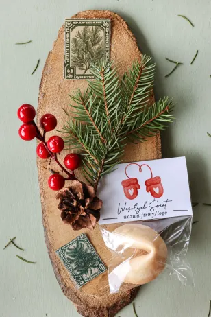 Personalizowane upominki firmowe - ciasteczko z wróżbą z grafiką czerwonych rękawiczek w kształcie serca - Kolekcja CZW30