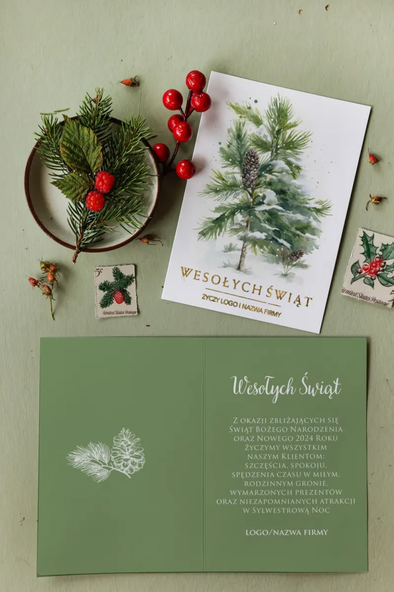 Personalizowane kartki dla firm z grafiką zielonego drzewka i śnieżnej atmosfery - Kolekcja MZ3 Personalizowane kartki dla firm z grafiką zielonego drzewka i śnieżnej atmosfery - Kolekcja MZ3