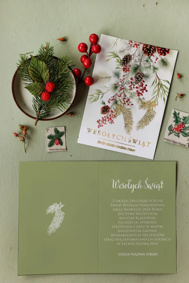 Personalizowane kartki dla firm z grafiką gałązek, szyszek i czerwonej jarzębiny - Kolekcja MZ4 Personalizowane kartki dla firm z grafiką gałązek, szyszek i czerwonej jarzębiny - Kolekcja MZ4