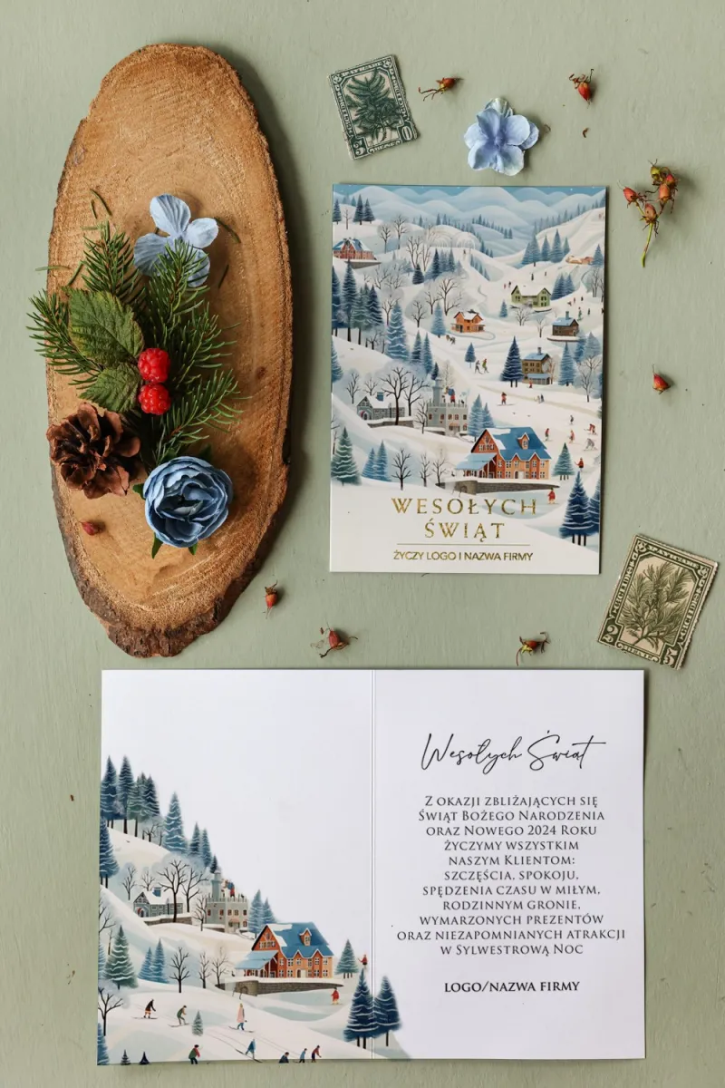 Personalizowane kartki dla firm z grafiką wioski w górach zasypanej śniegiem - Kolekcja MZ6 Personalizowane kartki dla firm z grafiką wioski w górach zasypanej śniegiem - Kolekcja MZ6
