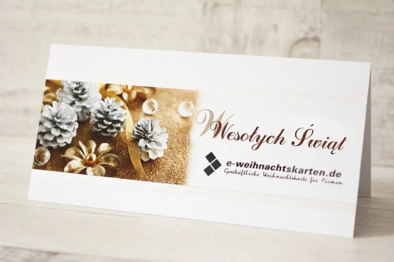 Złote Kartki Świąteczne z Białymi Szyszkami | Bożonarodzeniowe dla Firm z Logo | H1