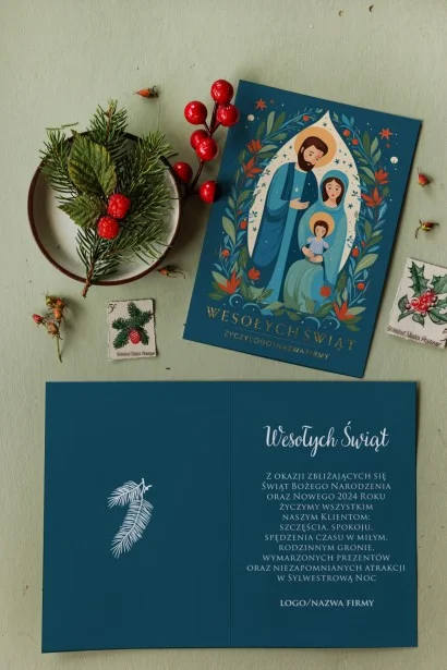 Personalizowane kartki dla firm z grafiką Maryi, Józefa i małego Jezusa na niebieskim tle - Kolekcja MZ10