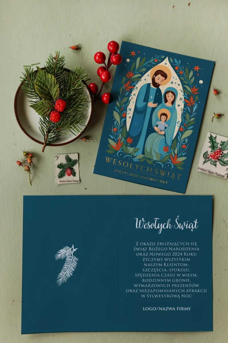 Personalizowane kartki dla firm z grafiką Maryi, Józefa i małego Jezusa na niebieskim tle - Kolekcja MZ10 Personalizowane kartki dla firm z grafiką Maryi, Józefa i małego Jezusa na niebieskim tle - Kolekcja MZ10