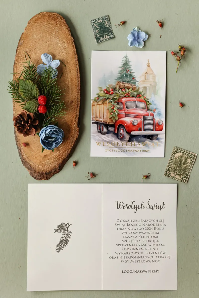 Personalizowane kartki dla firm transportowych z grafiką ciężarówki i choinkami w śniegu - Kolekcja MZ11 Personalizowane kartki dla firm transportowych z grafiką ciężarówki i choinkami w śniegu - Kolekcja MZ11