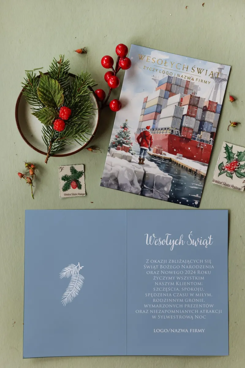 Personalizowane kartki dla firm logistycznych z grafiką kontenerowca w śniegu - Kolekcja MZ13 Personalizowane kartki dla firm logistycznych z grafiką kontenerowca w śniegu - Kolekcja MZ13