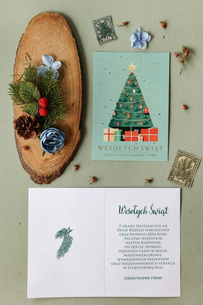 Personalizowane kartki dla firm z grafiką prezentów pod choinką - Kolekcja MZ12 Personalizowane kartki dla firm z grafiką prezentów pod choinką - Kolekcja MZ12