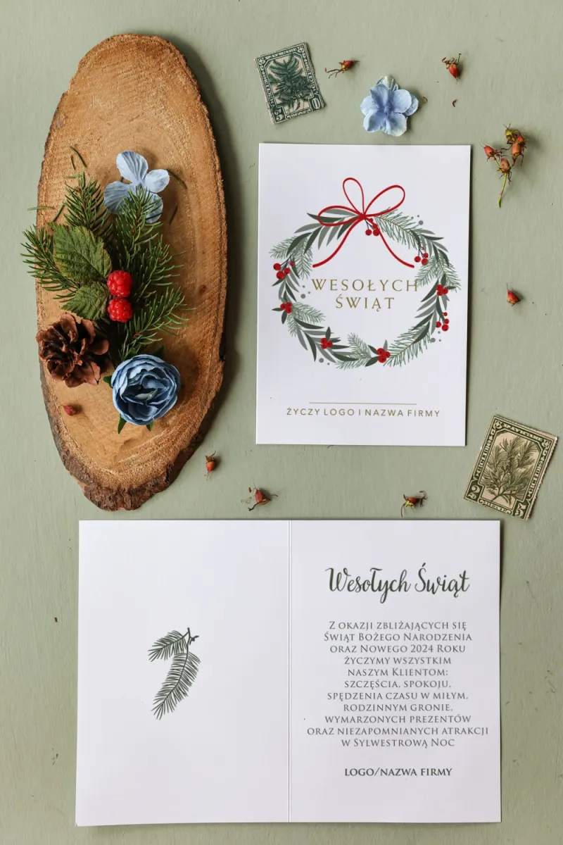 Personalizowane kartki dla firm z grafiką wieńca świątecznego - Kolekcja MZ15 Personalizowane kartki dla firm z grafiką wieńca świątecznego - Kolekcja MZ15