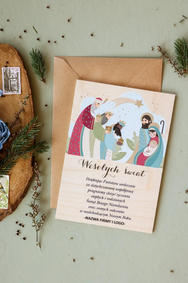 Personalizowane kartki dla firm z grafiką Trzech Króli i Świętej Rodziny - Kolekcja DR22