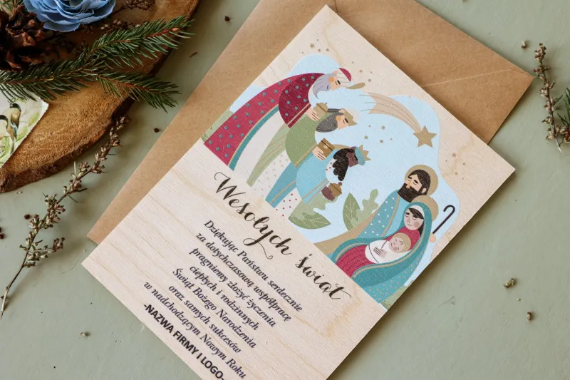 Personalizowane kartki dla firm z grafiką Trzech Króli i Świętej Rodziny - Kolekcja DR22