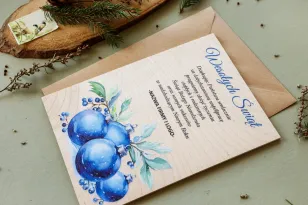 Kartki z Drewna z Motywem Niebieskich Bombek | Kartki Świąteczne Biznesowe z Możliwością Edycji | Kolekcja DR25