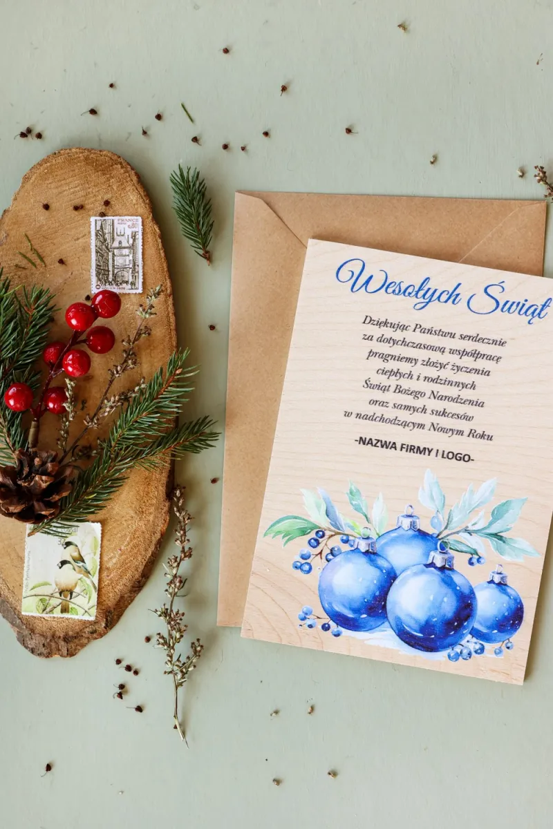 Personalizowane kartki dla firm z grafiką niebieskich bombek - Kolekcja DR25