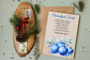 Kartki z Drewna z Motywem Niebieskich Bombek | Kartki Świąteczne Biznesowe z Możliwością Edycji | Kolekcja DR25