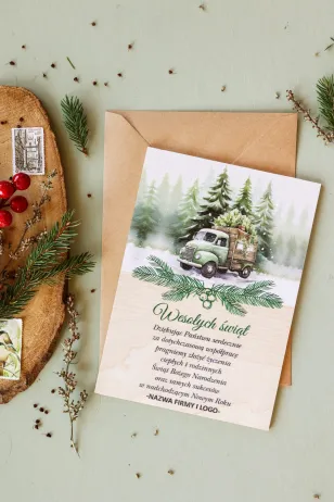 Personalizowane kartki dla firm transportowych z grafiką ciężarówki wiozącej choinki - Kolekcja DR26