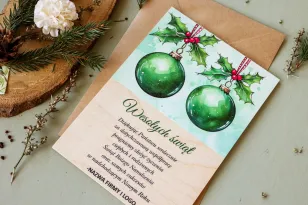 Kartki z Drewna z Grafiką Zielonych Bombek | Kartki Bożonarodzeniowe dla Firm z Możliwością Edycji | Kolekcja DR31 Kartki z Drewna z Grafiką Zielonych Bombek | Kartki Bożonarodzeniowe dla Firm z Możliwością Edycji | Kolekcja DR31