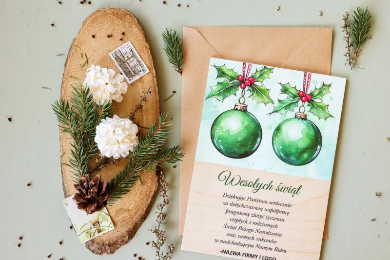 Personalizowane kartki na drewnie dla firm z grafiką zielonych bombek - Kolekcja DR31 Personalizowane kartki na drewnie dla firm z grafiką zielonych bombek - Kolekcja DR31