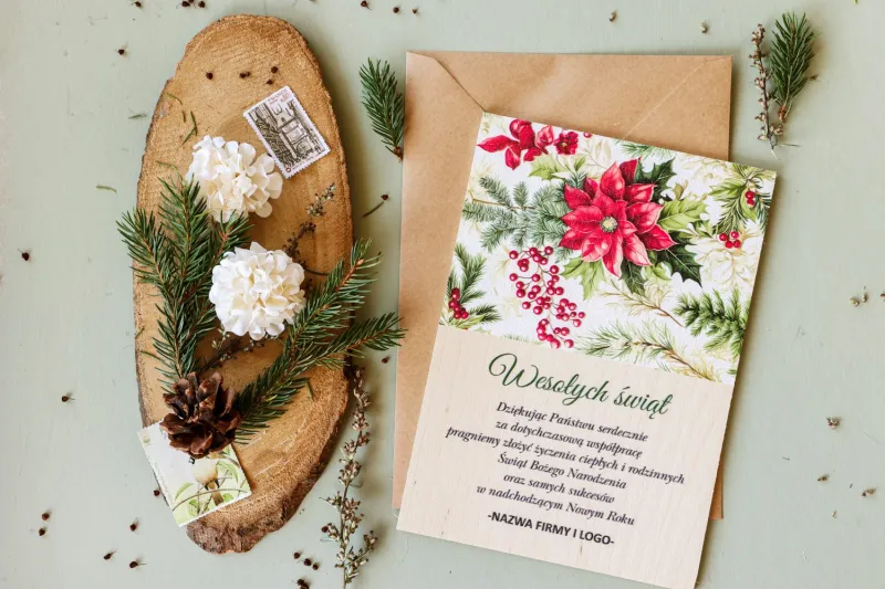 Personalizowane kartki dla firm z grafiką czerwonych kwiatów i zielonych gałązek - Kolekcja DR34