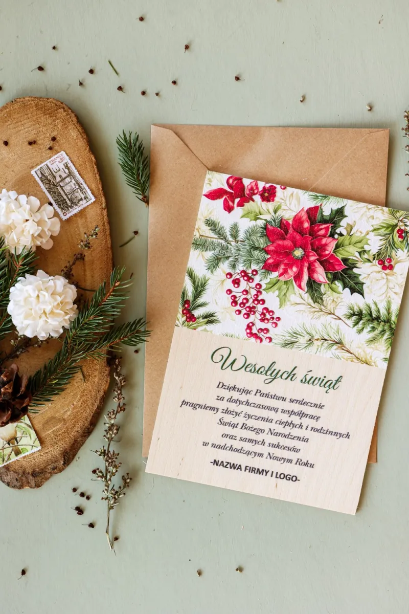 Personalizowane kartki dla firm z grafiką czerwonych kwiatów i zielonych gałązek - Kolekcja DR34