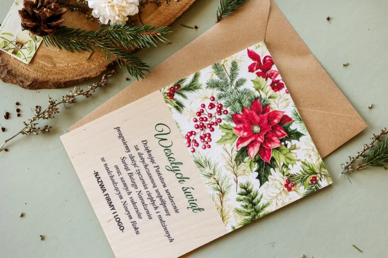 Personalizowane kartki dla firm z grafiką czerwonych kwiatów i zielonych gałązek - Kolekcja DR34