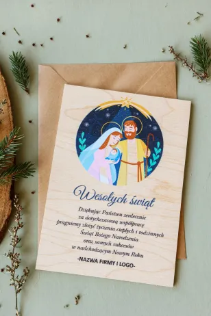 Personalizowane kartki na drewnie dla firm z grafiką Świętej Rodziny - Kolekcja DR37