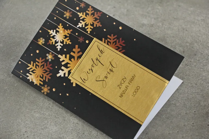 Ciemna Kartka Świąteczna z Złotymi Płatkami | Kartki dla Firm z Logo | JZ1 Ciemna Kartka Świąteczna z Złotymi Płatkami | Kartki dla Firm z Logo | JZ1