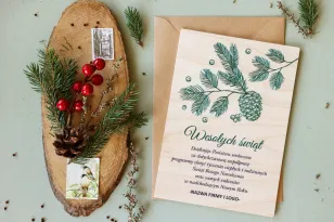 Drewniane Kartki z Grafiką Zielonych Gałązek | Personalizowane Kartki Bożonarodzeniowe dla Firm z Logo | Kolekcja DR44 Drewniane Kartki z Grafiką Zielonych Gałązek | Personalizowane Kartki Bożonarodzeniowe dla Firm z Logo | Kolekcja DR44